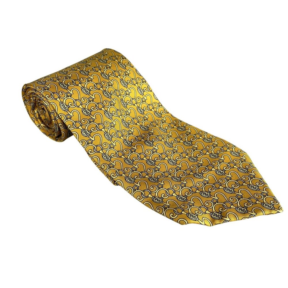 Fendi Monogram Scroll Pattern Gold & Gray Silk Ti… - image 4